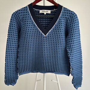 Diane Von Furstenberg Textured Crop Stretchy Blue V-Neck Sweater